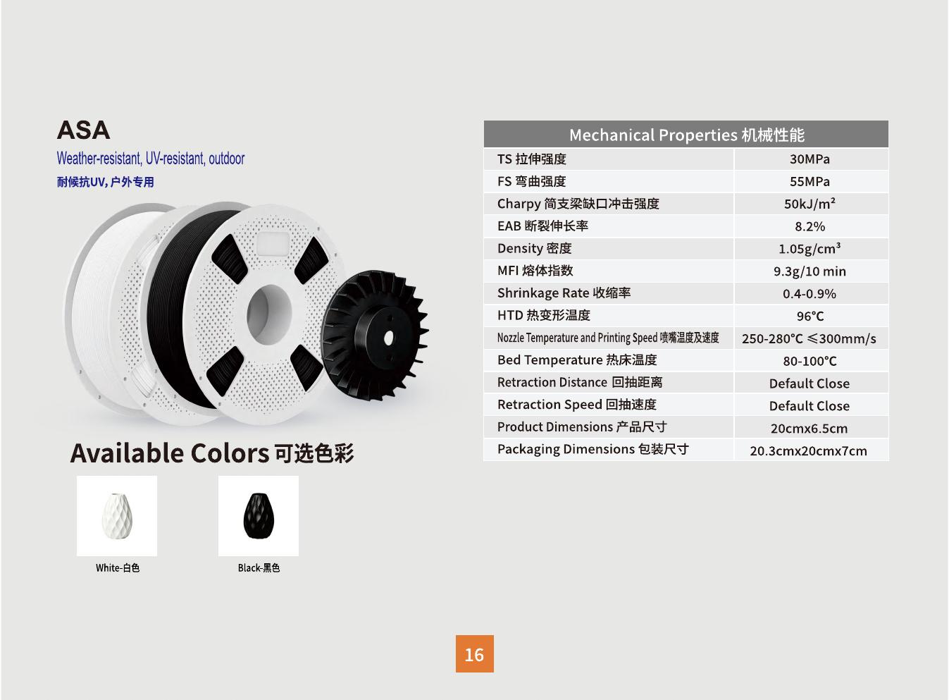ASA filament spools and outdoor-use printed part