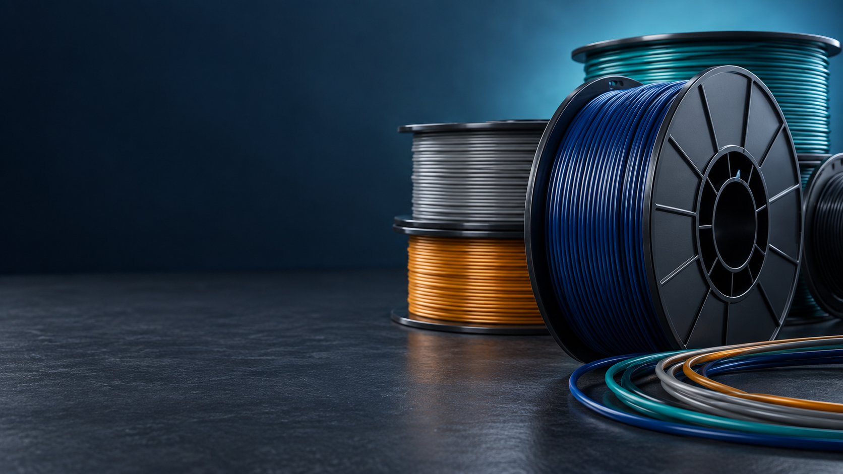 Unbranded 3D printing filament spools in a studio setting